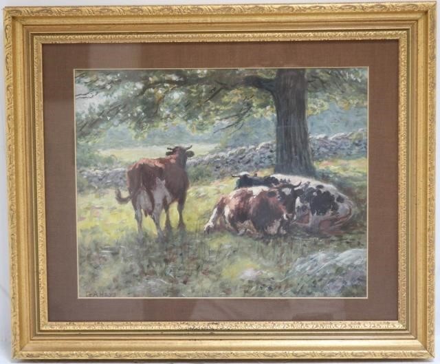 Appraisal: GEORGE ARTHUR HAYS - RI FRAMED ANDGLAZED WATERCOLOR DEPICTING COWS