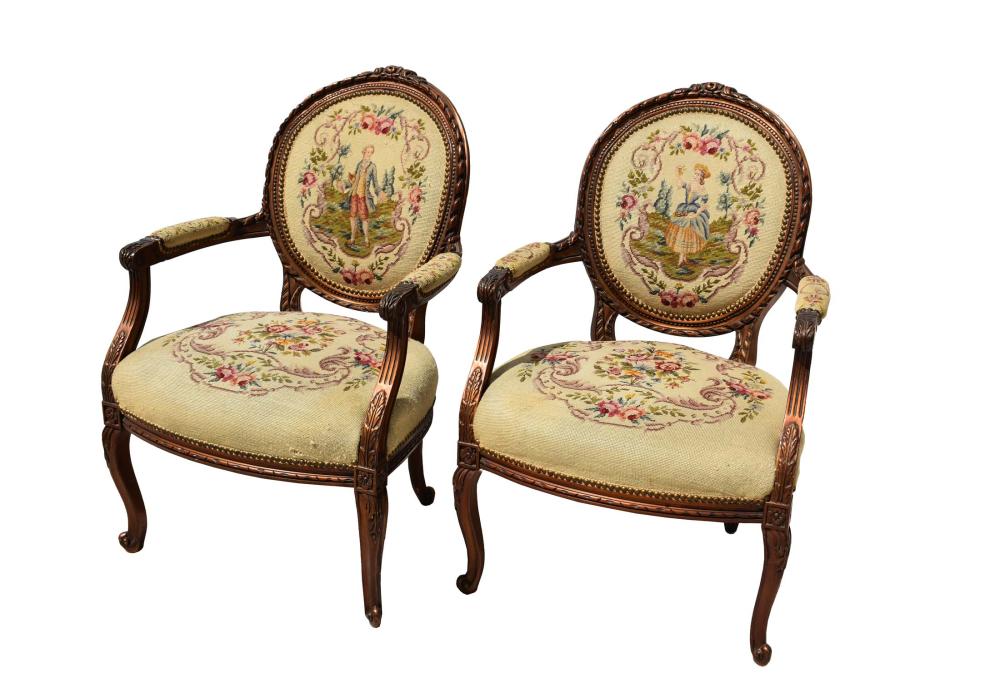 Appraisal: PAIR OF FRENCH NEEDLEPOINT-UPHOLSTERED BEECHWOOD FAUTEUILSCirca In a transitional Louis