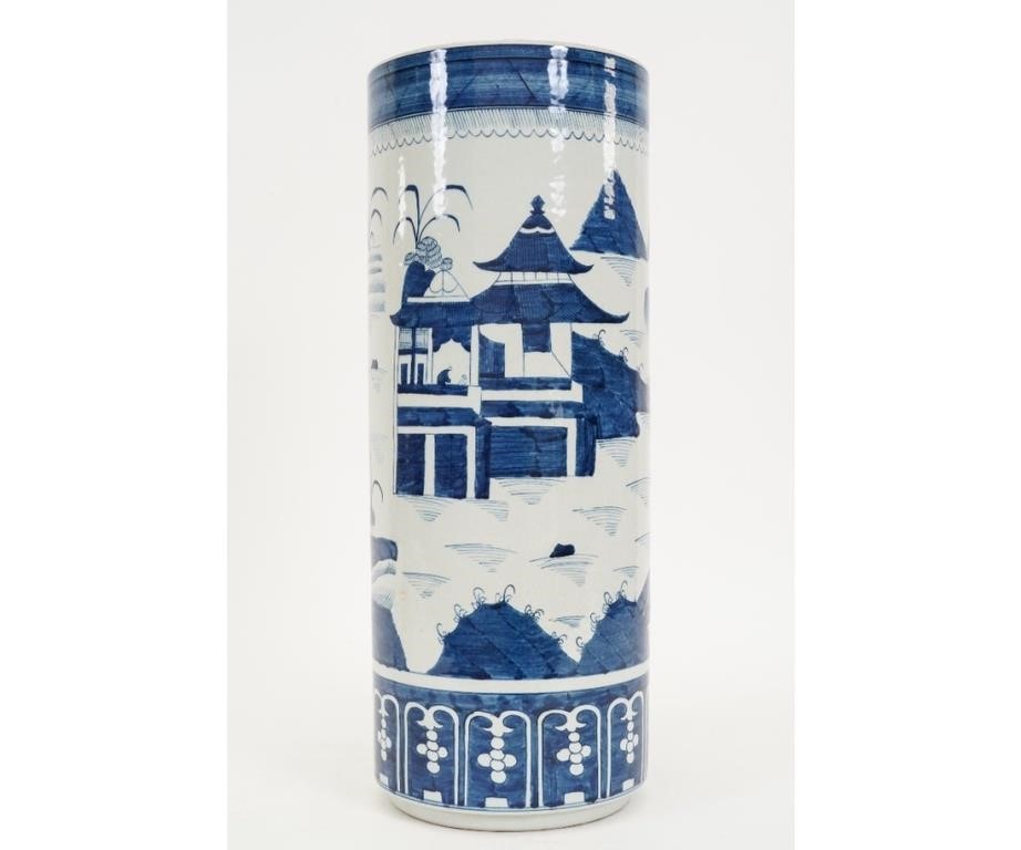 Appraisal: Chinese Canton blue and white umbrella stand th c with