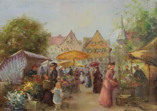 Appraisal: Anne Hansen - two oils on wooden panels Flower market