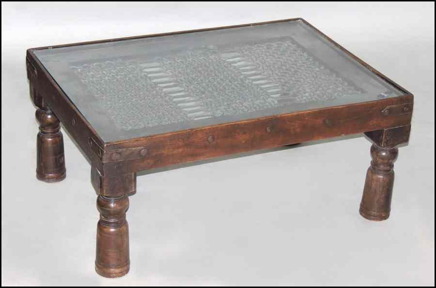 Appraisal: IRON MESH AND OAK COCKTAIL TABLE WITH GLASS TOP H