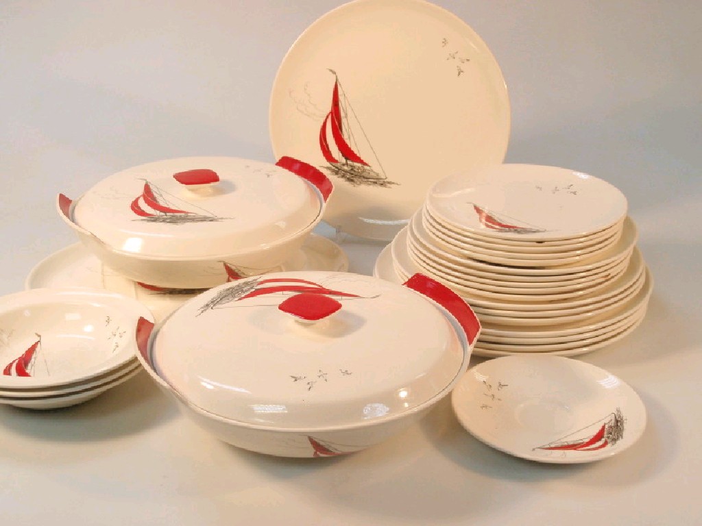 Appraisal: A Palissy ware 'red regatta' part dinner service comprising meat