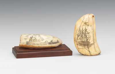 Appraisal: Two Pieces of Scrimshaw Two scrimshaw carvings on whales' teeth