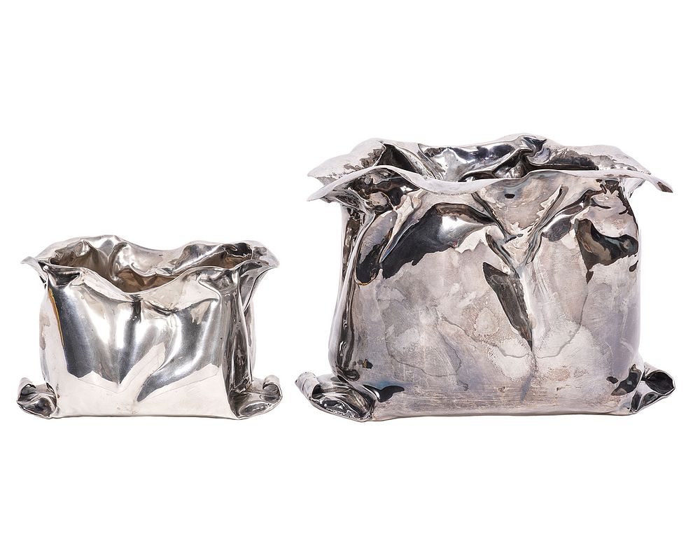 Appraisal: Two Sterling Vavassori Bag-Form Centerpieces Two Italian sterling bag-form centerpieces