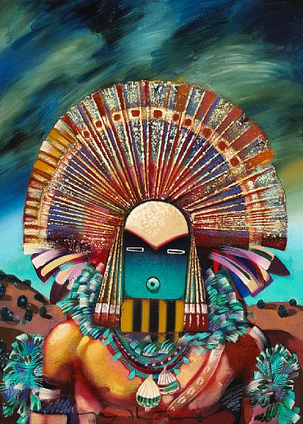 Appraisal: Tony Abeyta Acrylics mixed with sand depicting a kachina-like figure