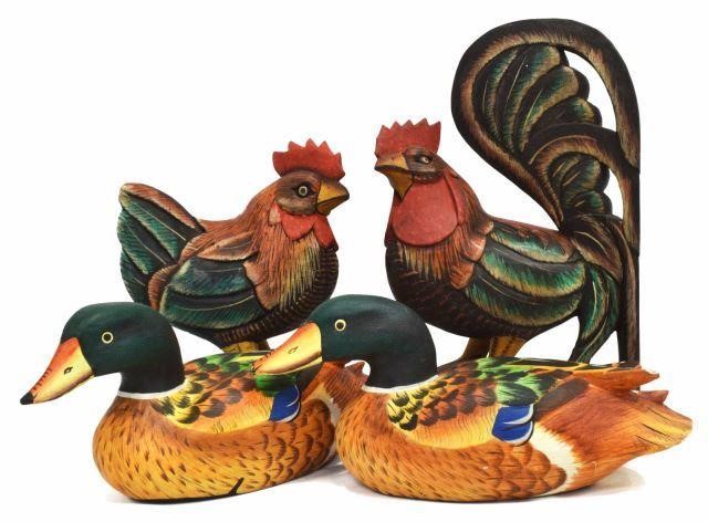 Appraisal: lot of Indonesian carved wood painted birds comprising fan-tailed rooster