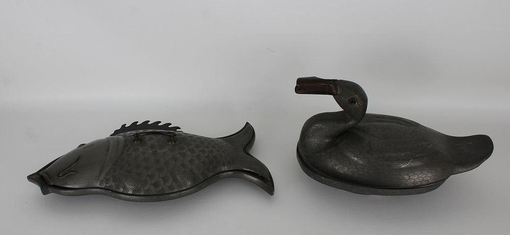 Appraisal: Fish Duck Chinese Spelter Covered Dishes Fish Duck Chinese Spelter