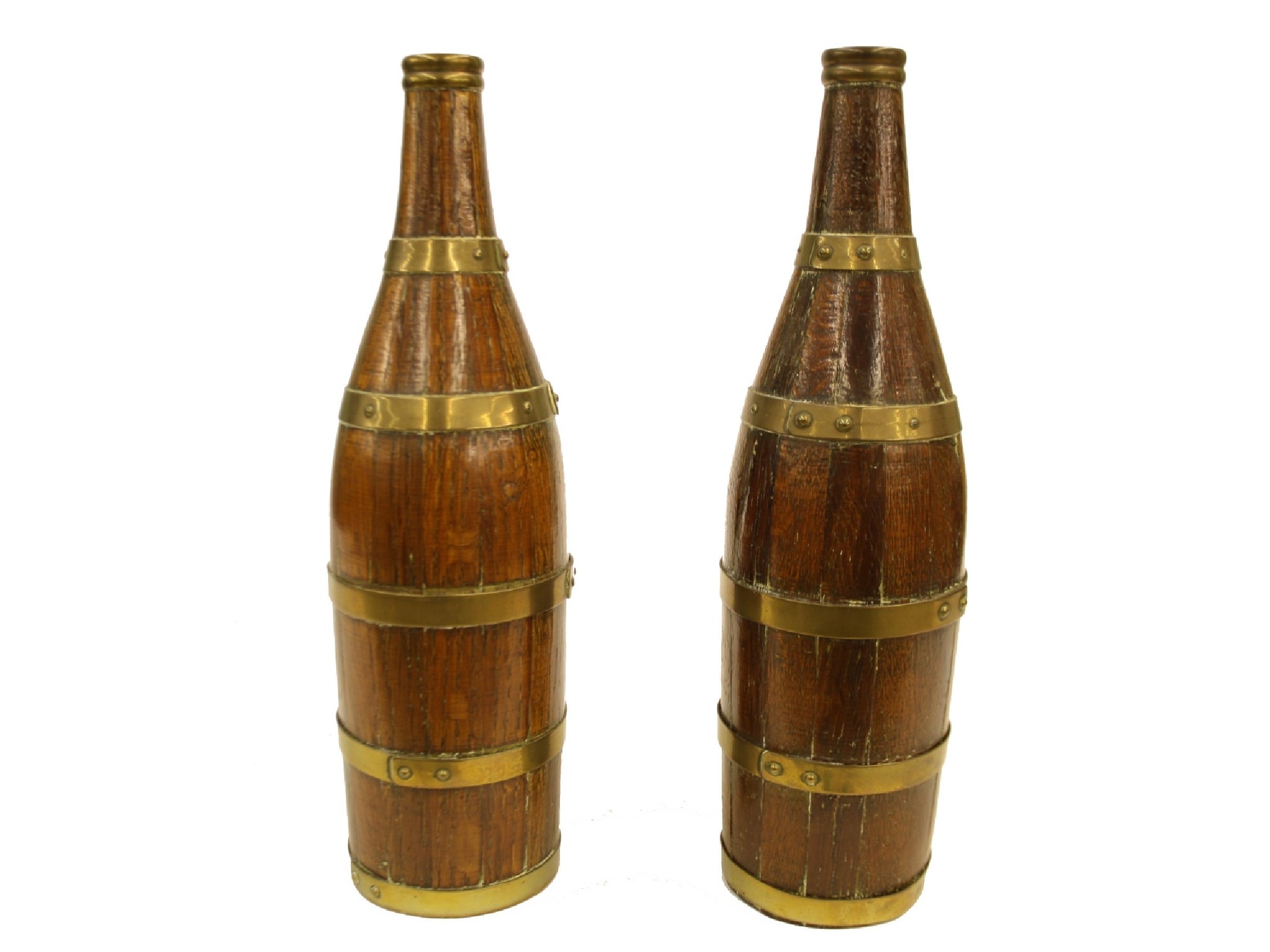 Appraisal: Pair of oak and brass bound coopered bottle decanters high