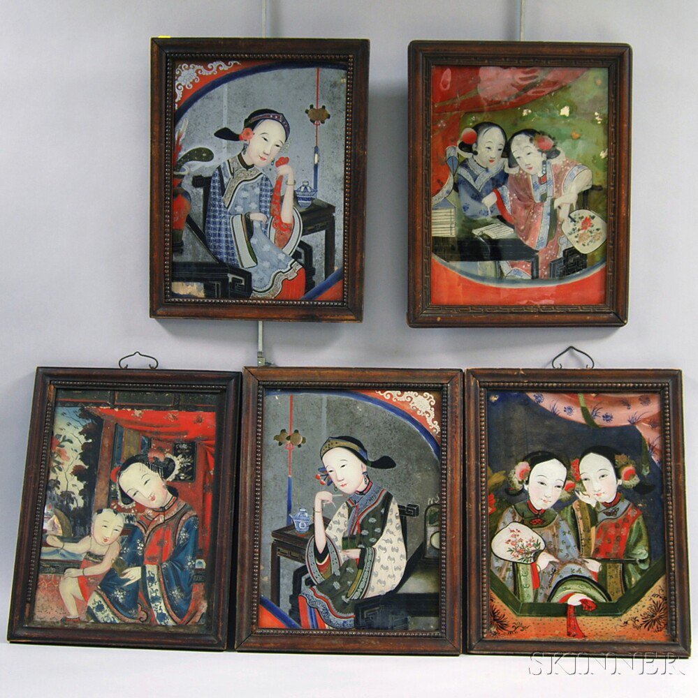 Appraisal: Five Framed Chinese Export Reverse-painted Portraits of Women three double-portraits