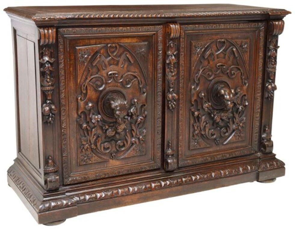 Appraisal: French carved oak hunt sideboard th c two doors carved