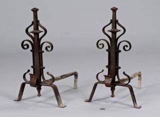 Appraisal: Pair French Wrought Iron Andirons Pair wrought iron andirons the