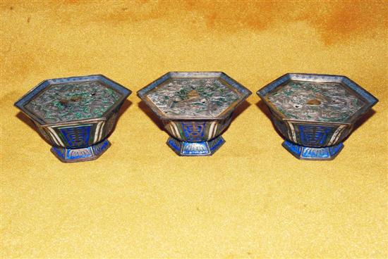 Appraisal: GROUP OOF THREE ANTIQUE CHINESE SILVERED AND ENAMELED CENSORS Hexagonal