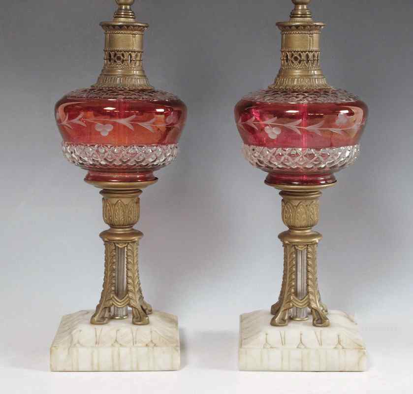 Appraisal: PAIR CUT TO CLEAR GLASS LAMPS Includes shade and faceted