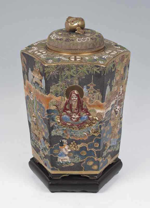 Appraisal: JAPANESE SATSUMA COVERED JAR sided featuring images of immortals in