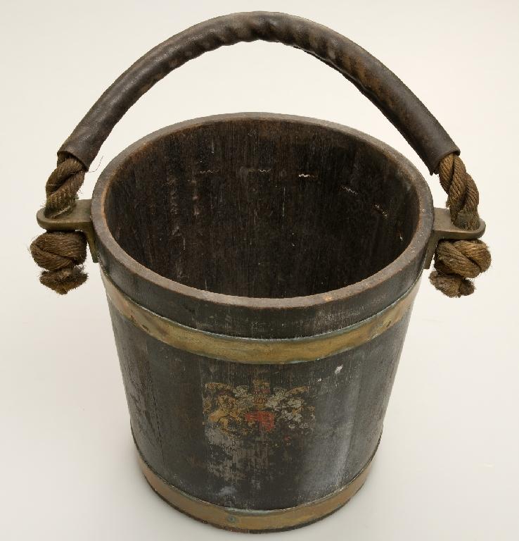 Appraisal: th CENTURY BRASS-MOUNTED COOPERED OAK PEAT BUCKET painted with the