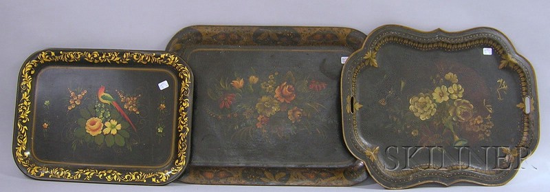 Appraisal: Three Painted and Stencil Floral Decorated Tole Trays lg to