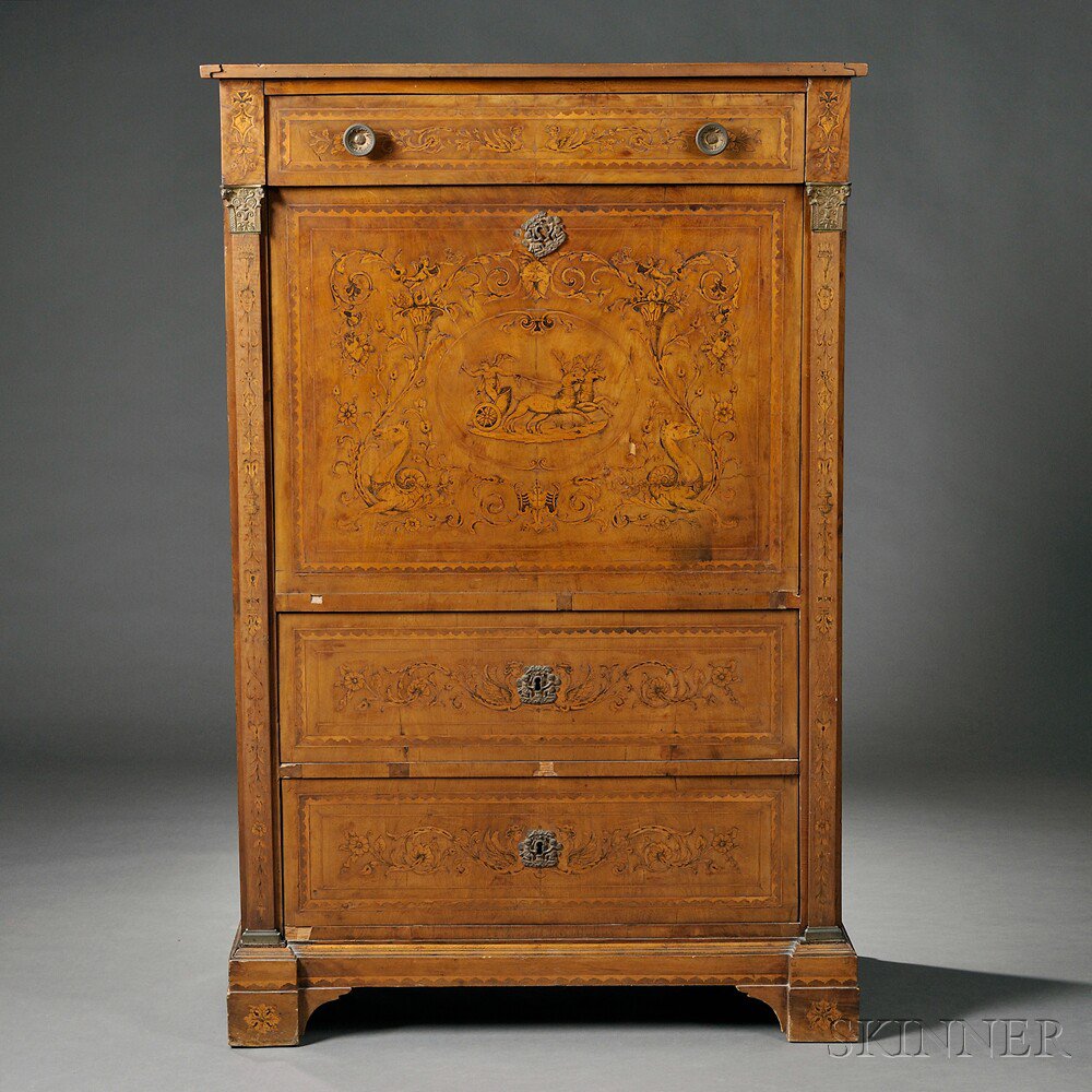 Appraisal: Continental Walnut-veneered Secretaire a Abattant late th early th century