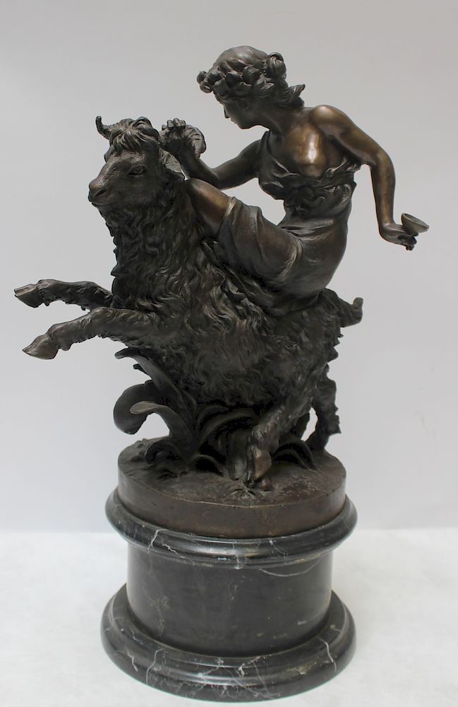 Appraisal: UNSIGNED Bronze Sculpture of a Girl Riding a Goat Apparently