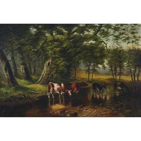 Appraisal: th Century Naive School COWS WATERING AT A FOREST STREAM