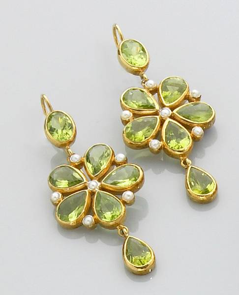 Appraisal: Peridot and Seed Pearl Earpendants Of flower cluster design combining