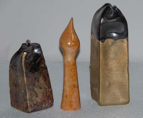 Appraisal: Three Small Totem Sculptures circa lustreware on Ceramic Caplan Jerry