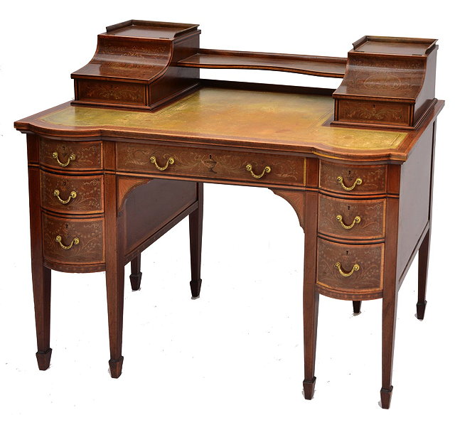 Appraisal: A MAHOGANY AND FLORAL MARQUETRY INLAID KNEEHOLE WRITING DESK by