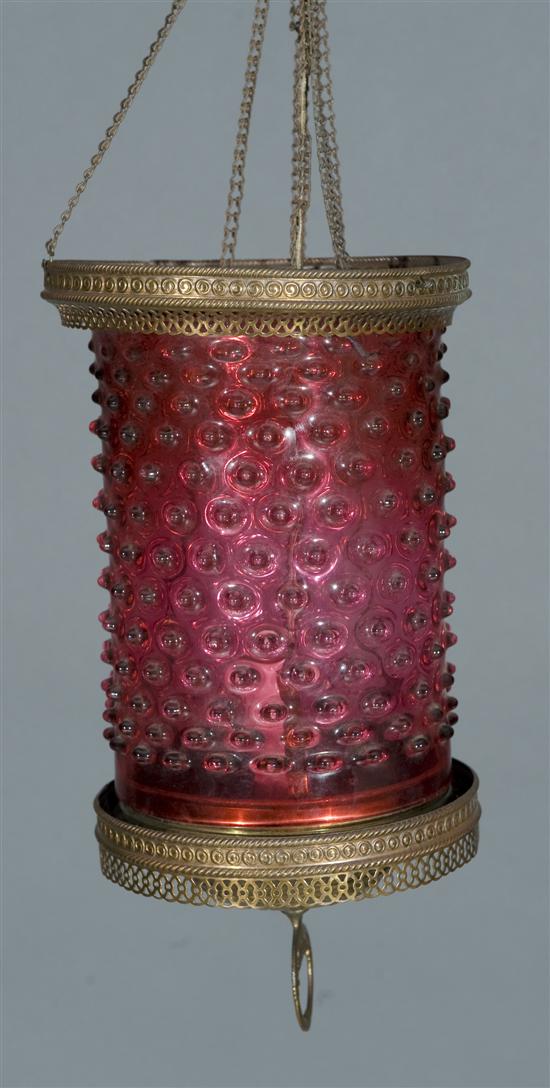 Appraisal: Cylinder form cranberry glass adjustable hanging lamp Early th century