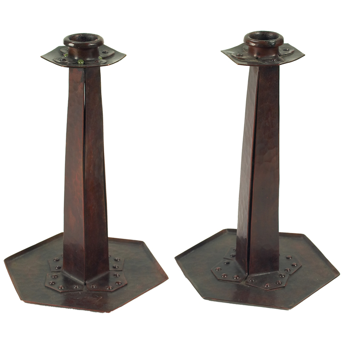 Appraisal: Unusual Dirk Van Erp candlesticks pair in hammered copper with