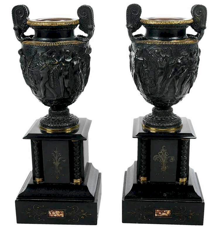 Appraisal: Pair Grand Tour Marble Base Bronze Urns Continental late th