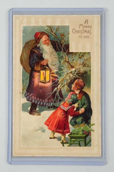 Appraisal: Hold-to-Light Santa Postcard Depicts Santa in a blue and purple