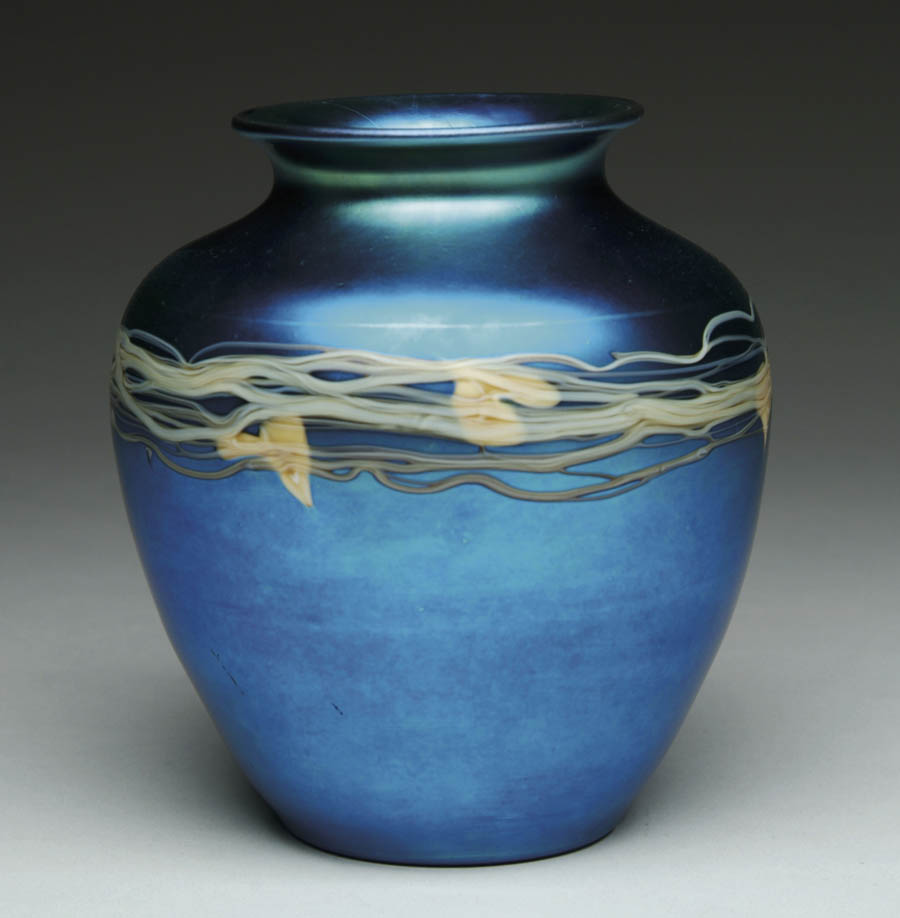 Appraisal: STEUBEN DECORATED VASE Wonderful blue Aurene vase has applied leaf