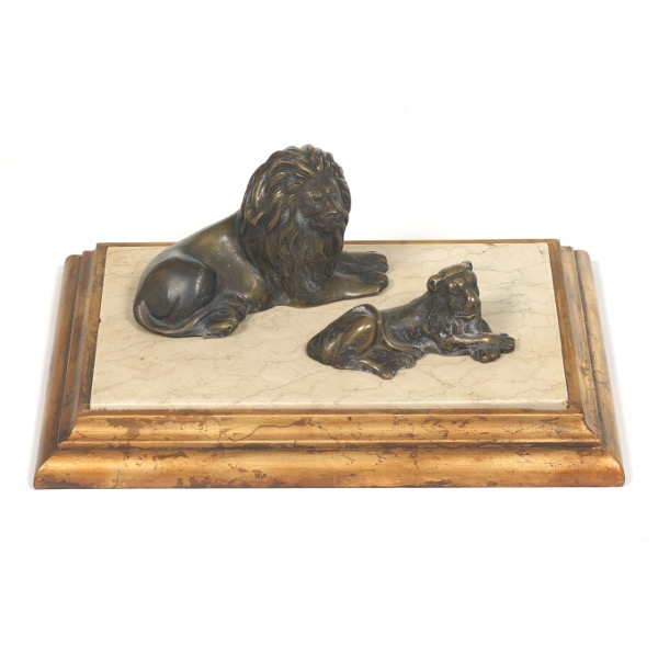 Appraisal: PATINATED BRONZE SCULPTURE OF LION AND LIONESS ON WOOD AND