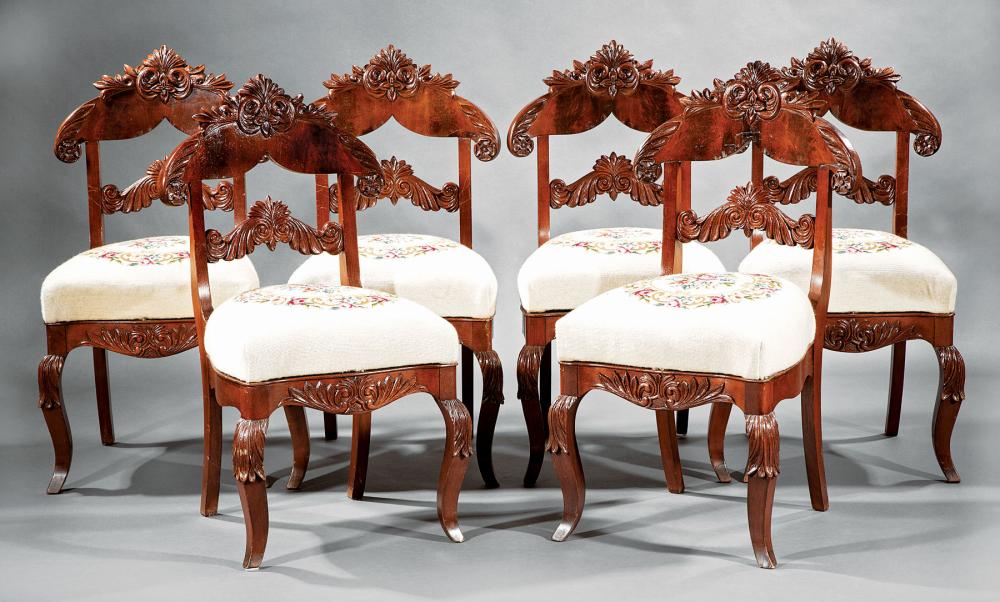 Appraisal: Six American Carved Mahogany Side Chairs mid- th c foliate