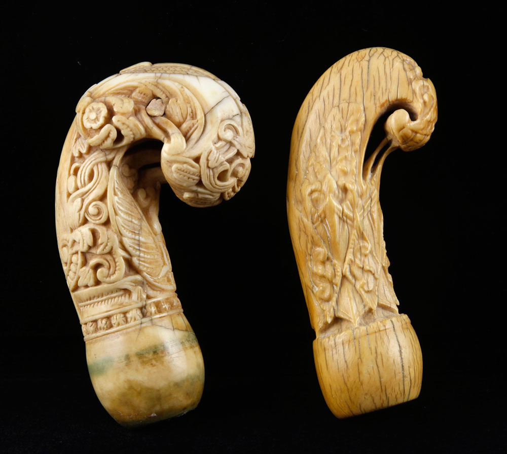 Appraisal: - Two th th C Carved Cane Handles Two th