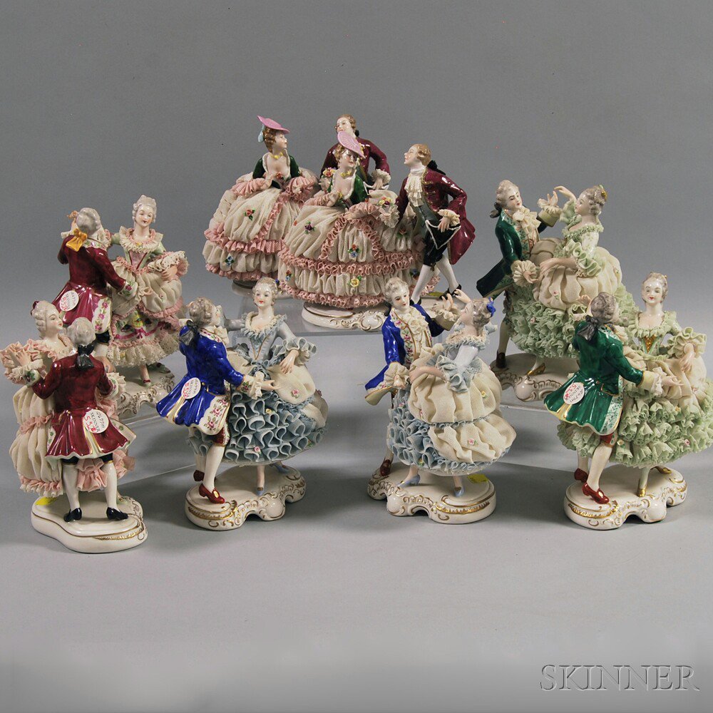 Appraisal: Eight Dresden Porcelain Figural Groups th century four pairs depicting