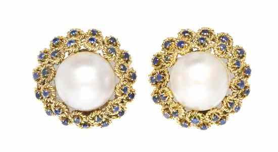 Appraisal: A Pair of Karat Yellow Gold Mabe Pearl and Sapphire