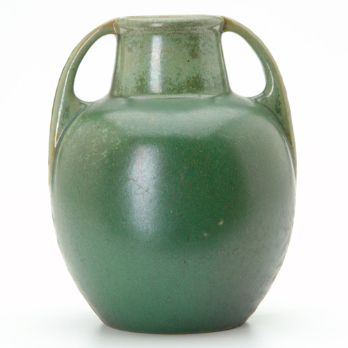 Appraisal: FULPER Bulbous two-handled vase covered in a frothy Cucumber green