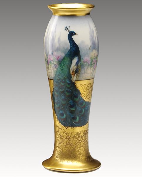 Appraisal: PICKARD China-painted vase with peacock and etched gilt decoration stamped