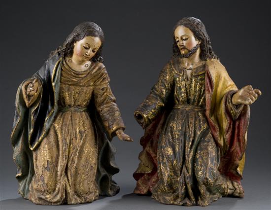 Appraisal: Spanish Colonial hand carved wood and polychrome Mary and Joseph