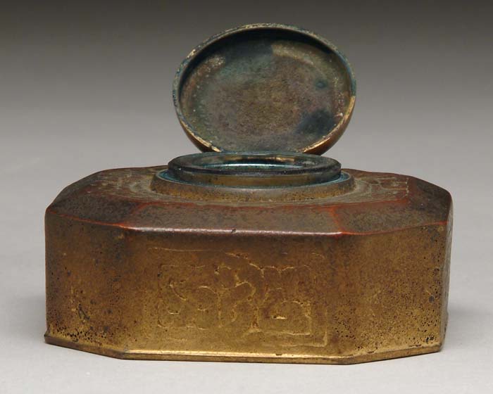 Appraisal: TIFFANY STUDIOS ZODIAC INKWELL Bronze octagon shaped inkwell has lift