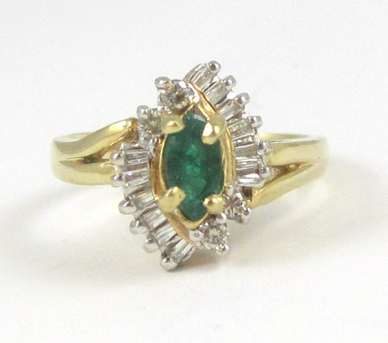 Appraisal: EMERALD DIAMOND AND FOURTEEN KARAT GOLD RING with four round-cut