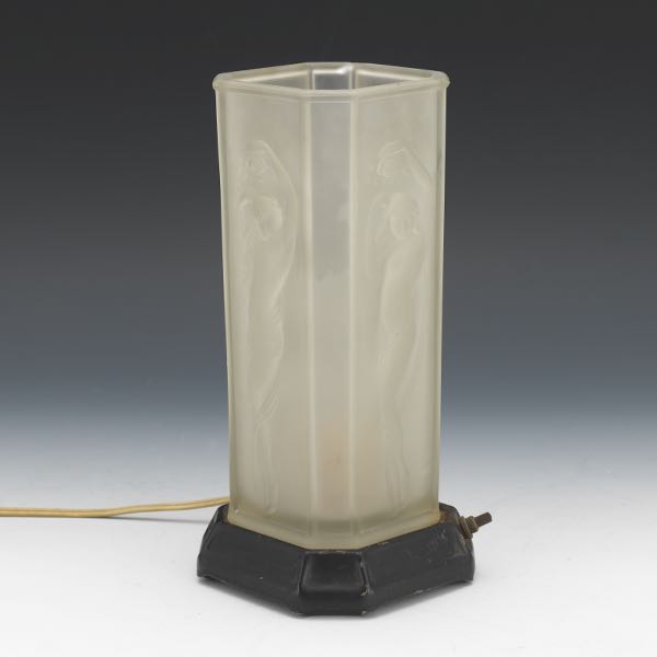 Appraisal: ART DECO FIGURAL LAMP x Frosted glass lamp with canted