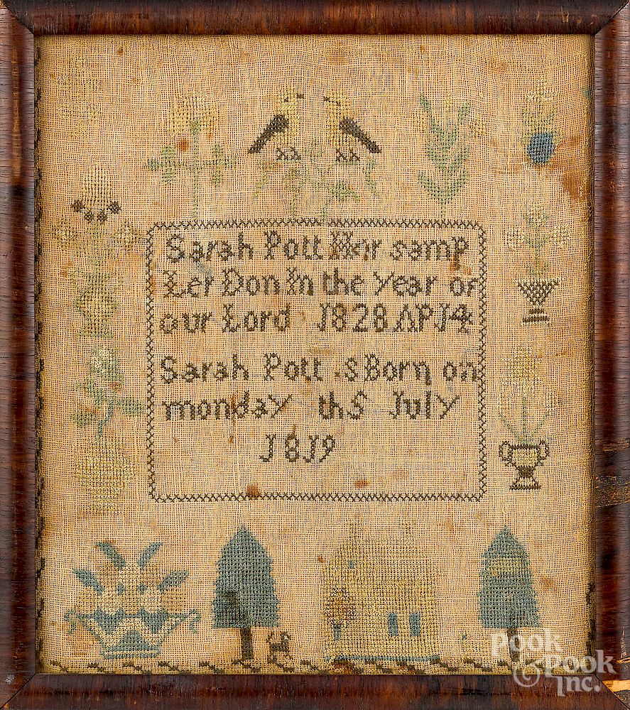 Appraisal: Pennsylvania silk on linen sampler Exclusive on Bidsquare Pennsylvania silk