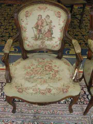 Appraisal: French Arm Chairs brocade fabric withcourting couple and florals