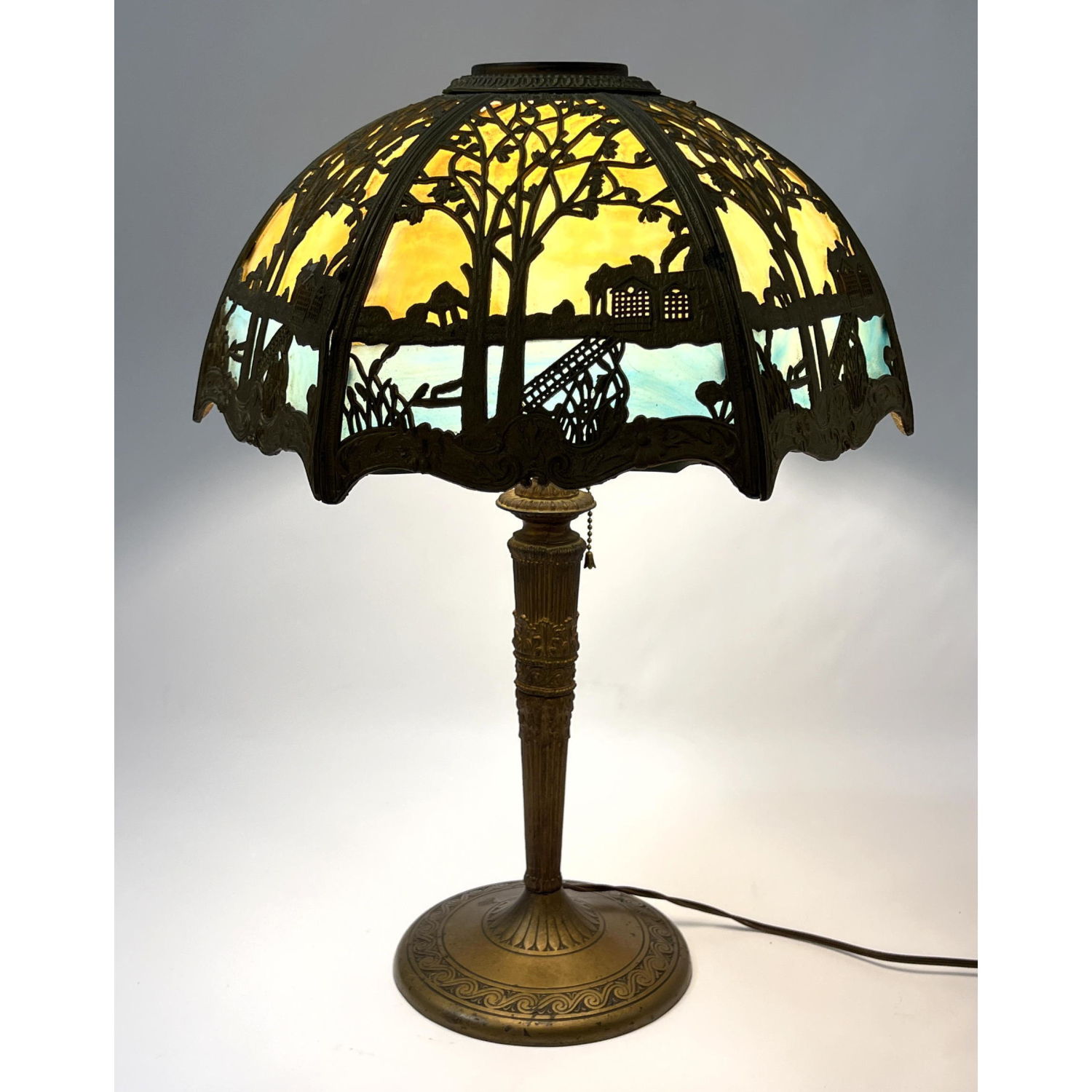 Appraisal: Vintage Slag Glass Landscape Shade Table Lamp Metal Open work