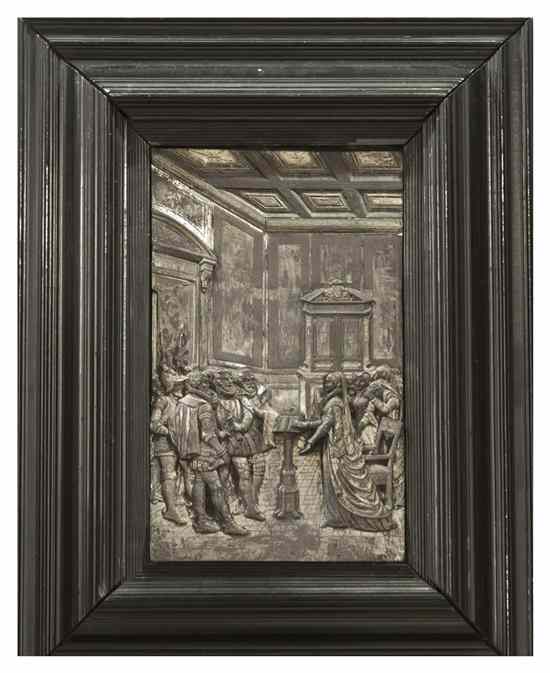 Appraisal: A Gilt Silver Relief Plaque depicting a royal court framed