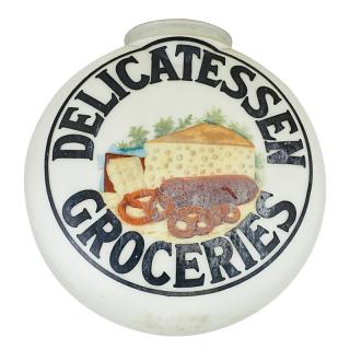 Appraisal: GLASS GLOBE HAND PAINTED ADVERTISING DISPLAY Delicatessen Groceries around a