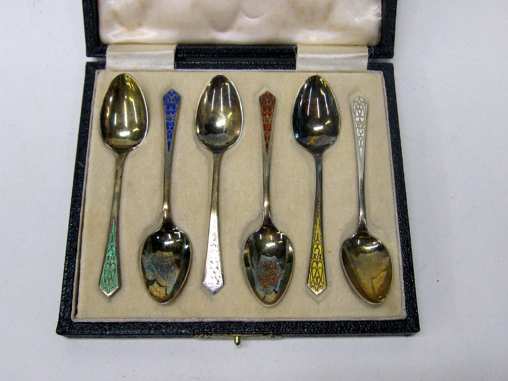 Appraisal: Cased set of six silver and enamel coffee spoons Birmingham