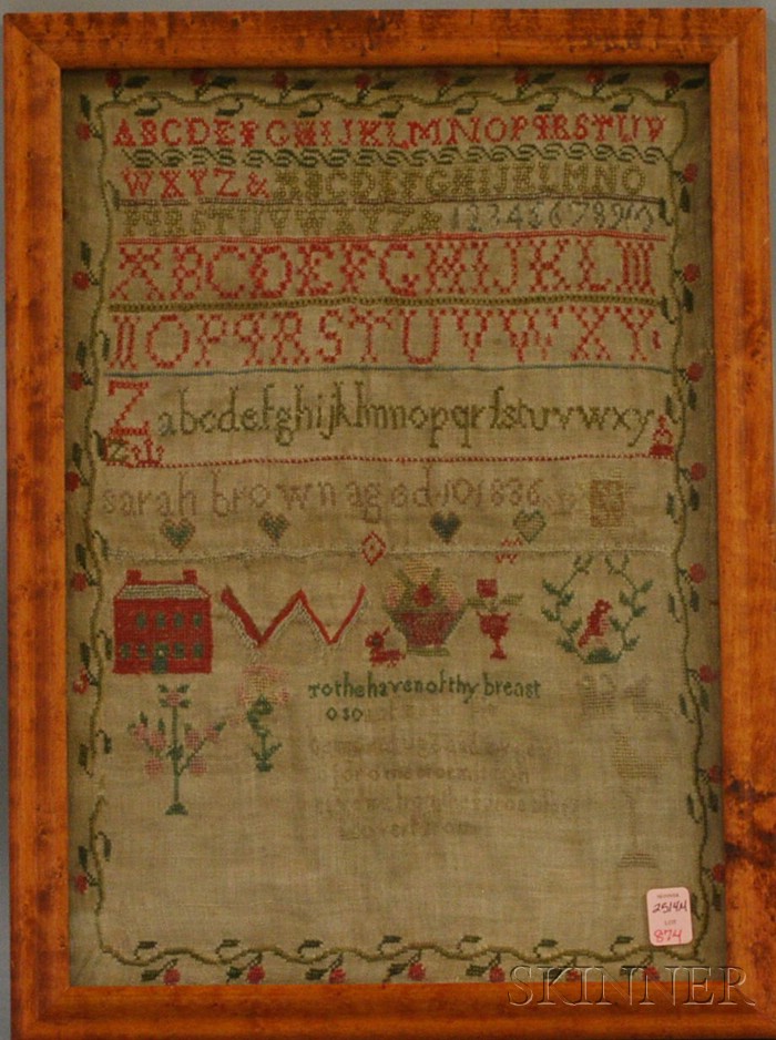 Appraisal: Needlework Sampler sarah brown aged worked in silk and wool