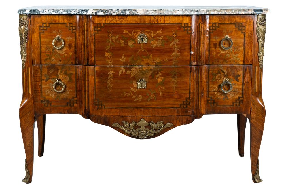 Appraisal: LOUIS XV XVI TRANSITIONAL MARQUETRY COMMODEwith fitted marble top and